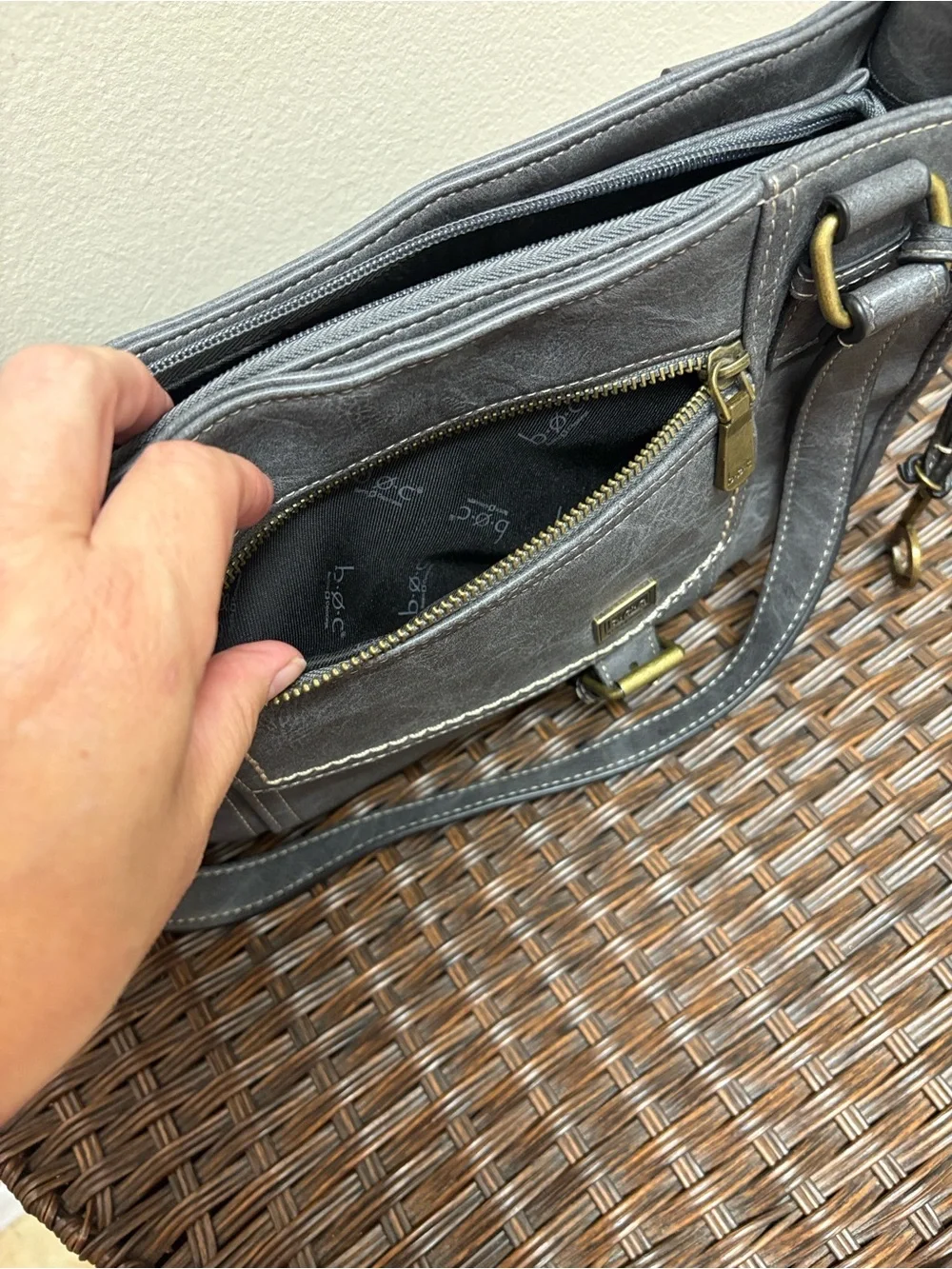 b.o.c. Gray Faux Leather Shoulder Bag with Front Zip Pocket